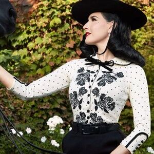 NWT Dita Cardigan by Wheels & Dollbabay Cream White Black Dots, in box